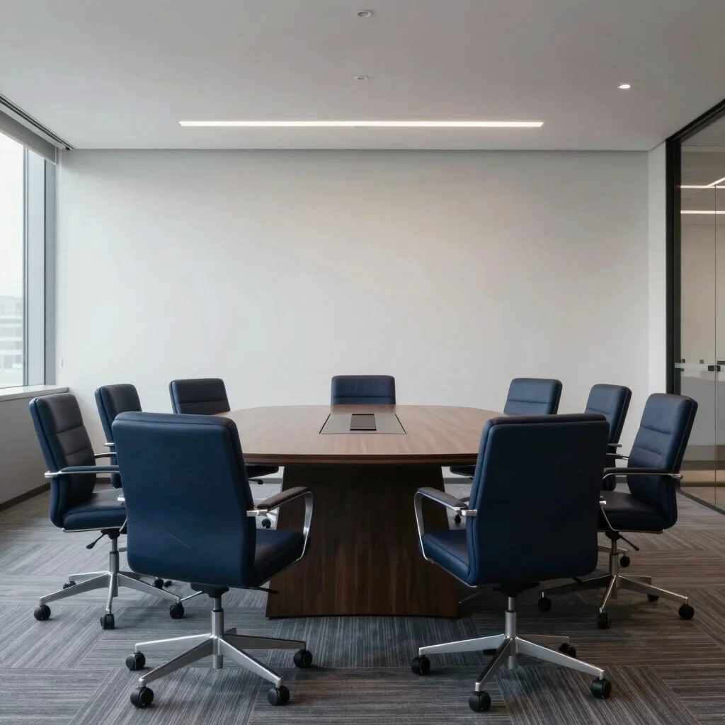 Modern corporate meeting space, clean lines, soft diffused daylig