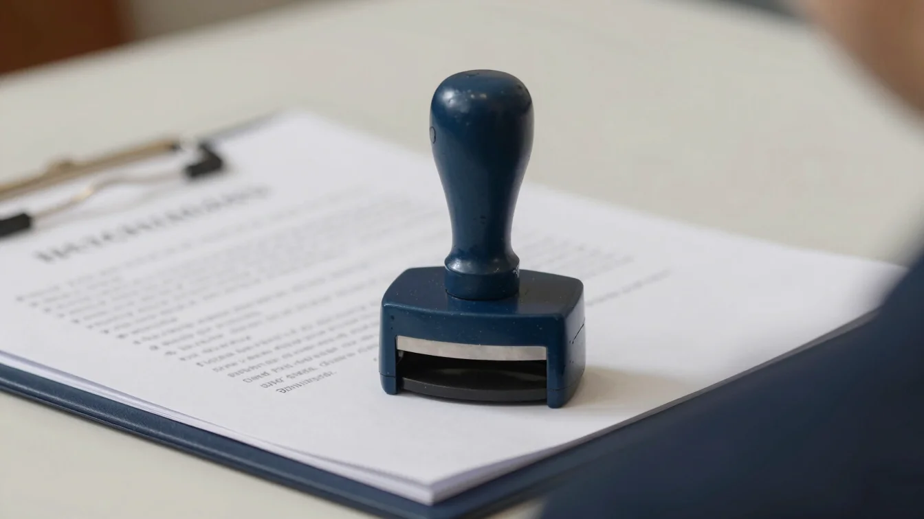 Close-up of legal documents being notarized, a notary stamp visib