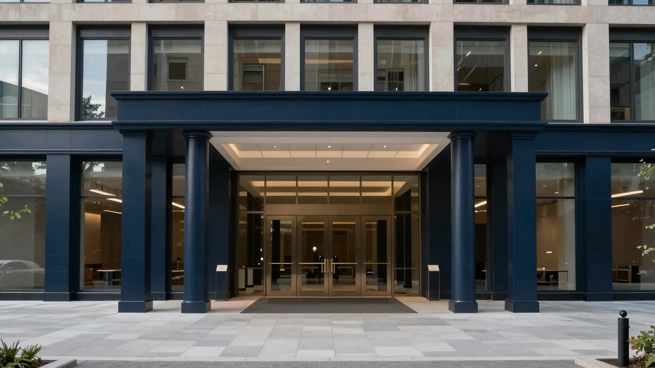 Architectural framing of a modern corporate building entrance, st