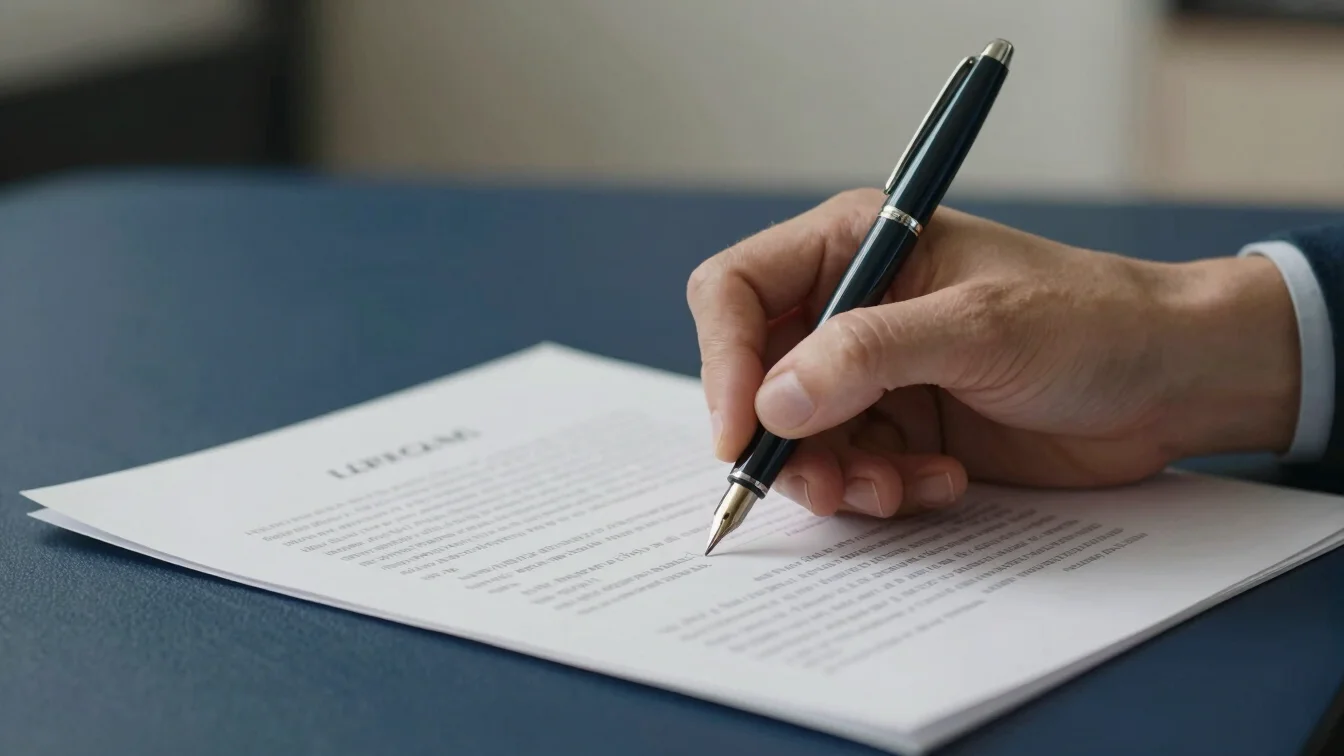 Close-up of a hand drafting a legal document, fountain pen, soft