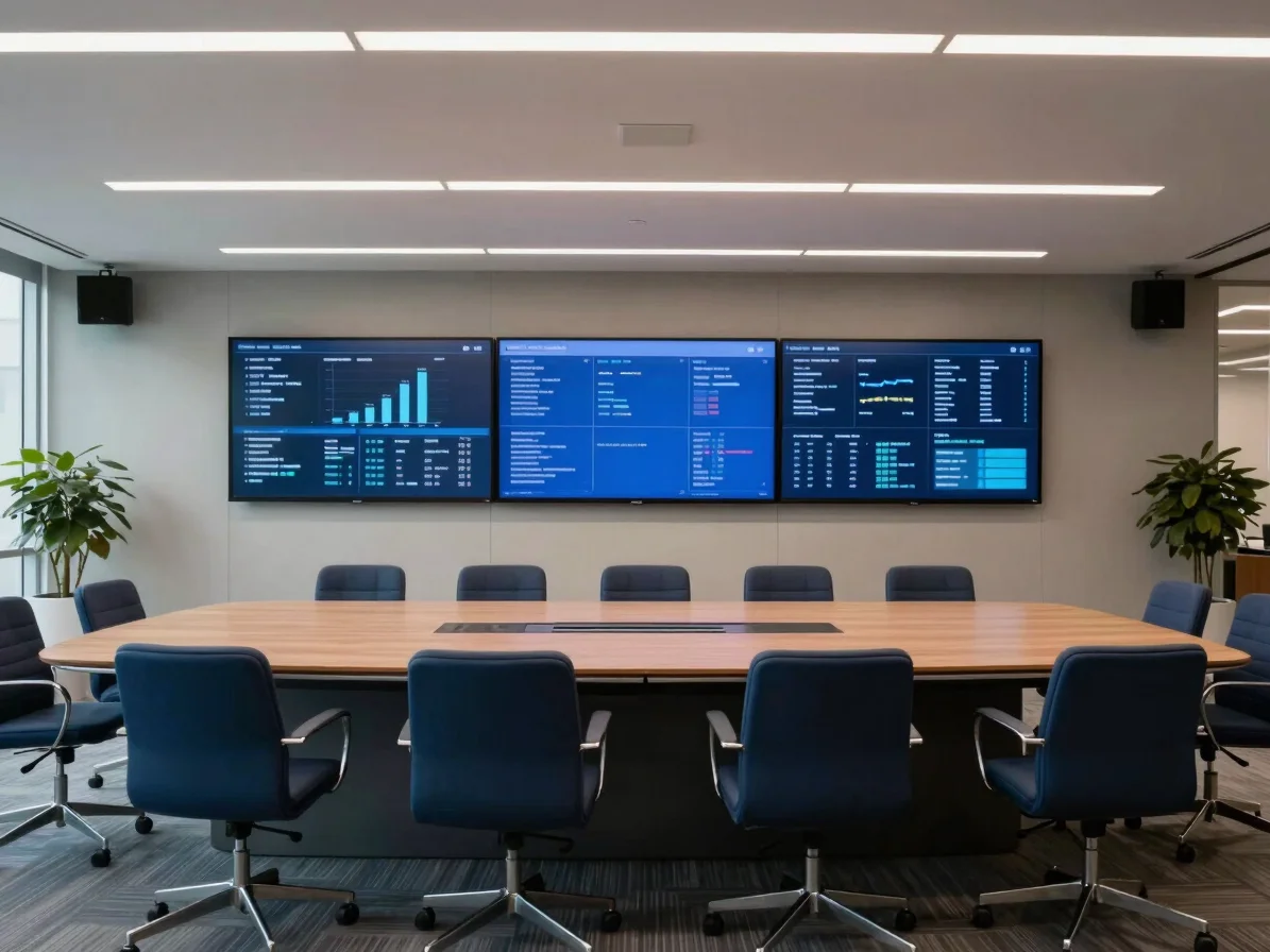 Modern corporate meeting space with digital screens displaying da
