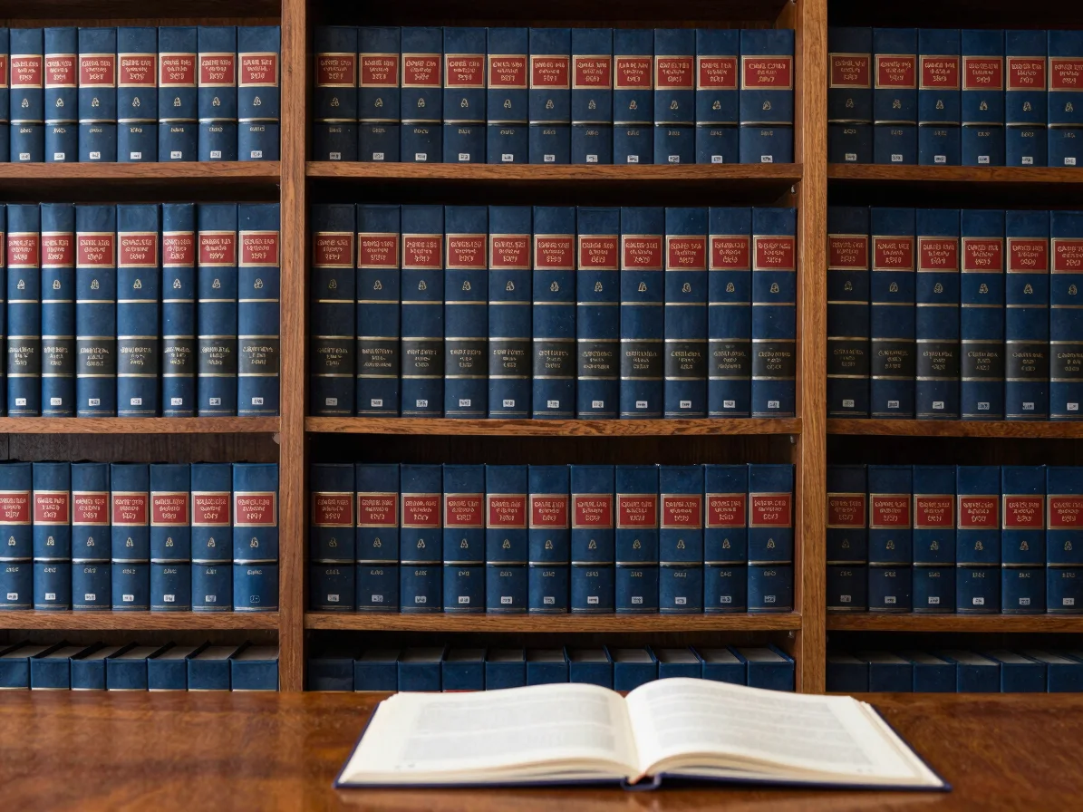 Law library archive with rows of legal books, a desk with a publi